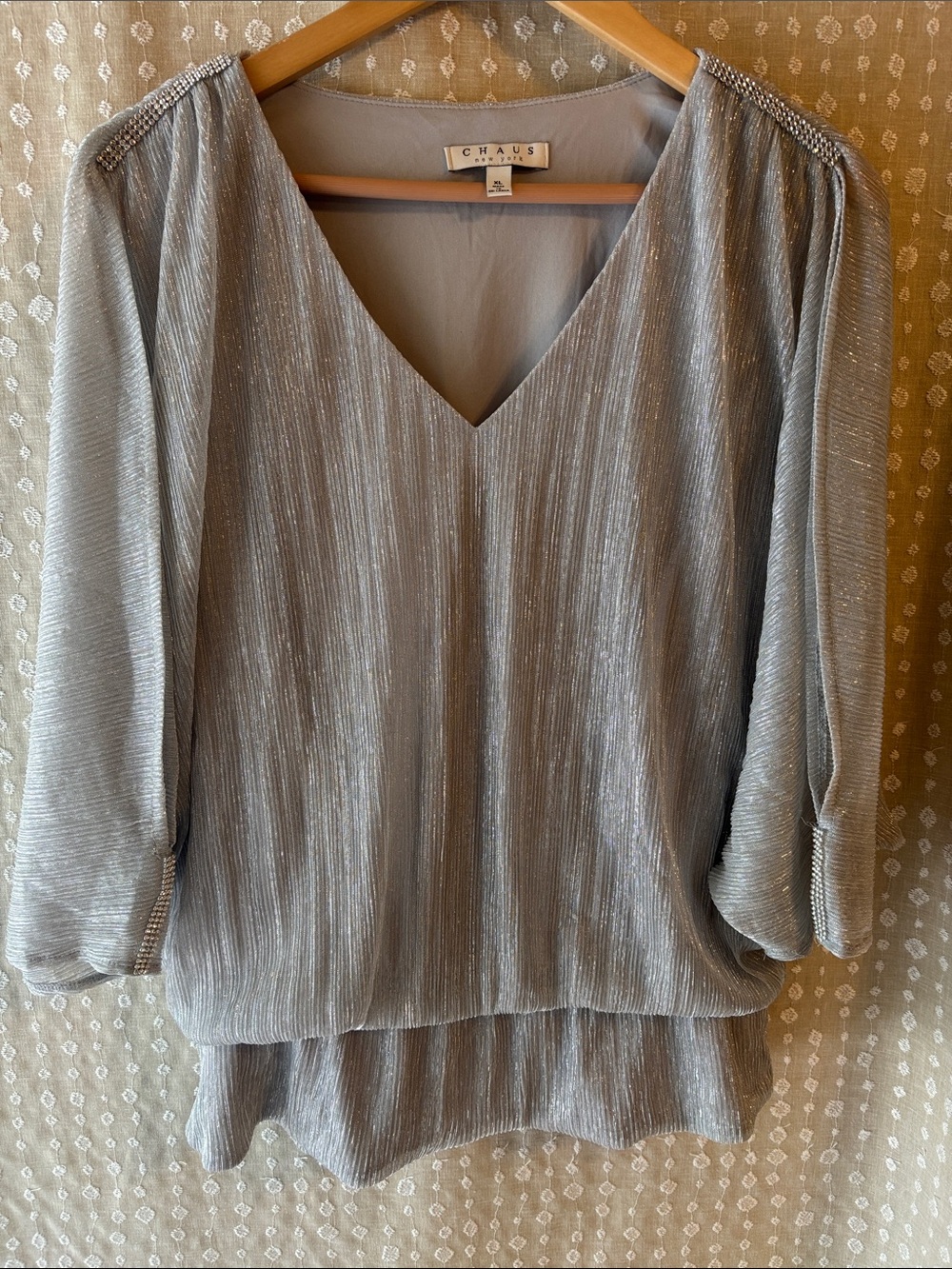 Chaus Silver Metallic V-Neck Pleated Blouse with Beaded Shoulders